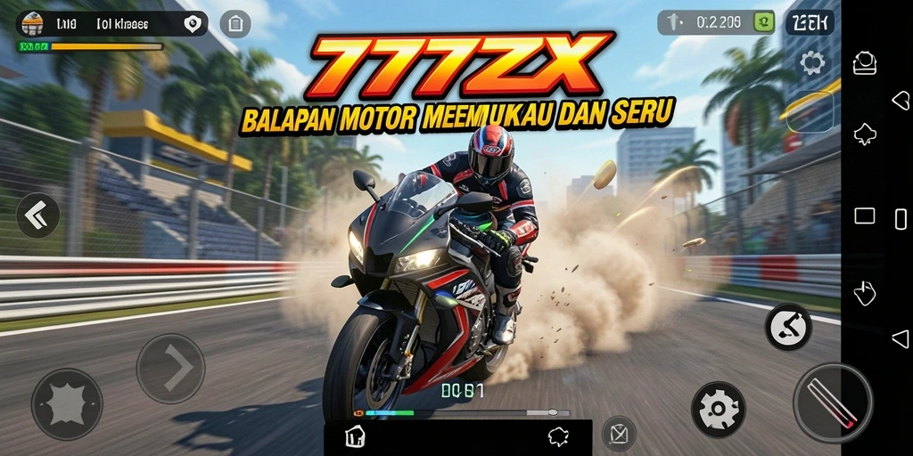 Screenshot gameplay 777ZX yang menunjukkan aksi balapan motor yang mendebarkan.