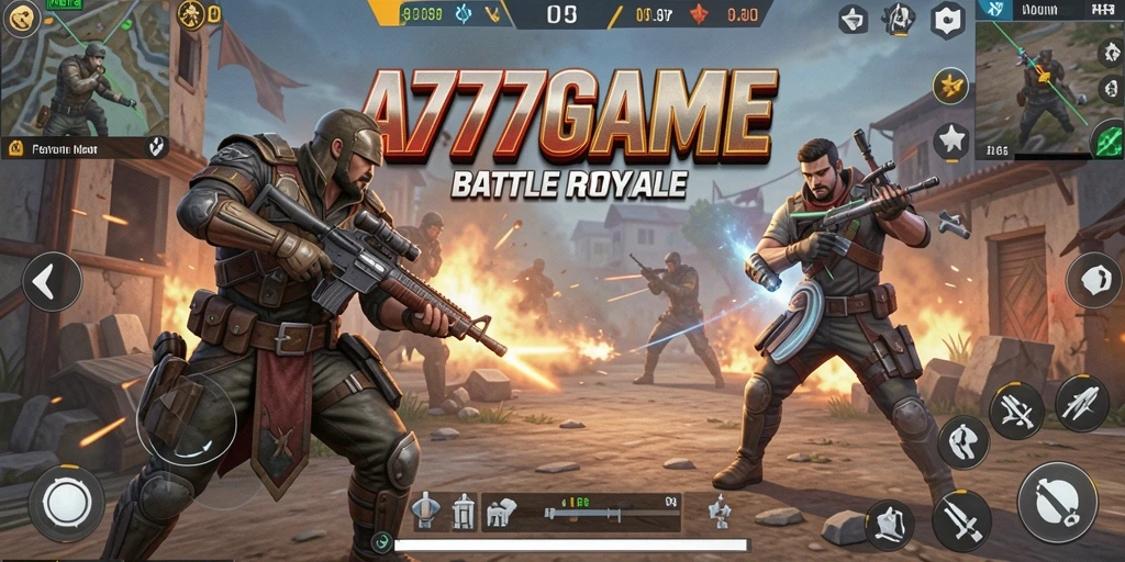 Tangkapan layar utama A777GAME menampilkan aksi seru dalam mode Battle Royale.