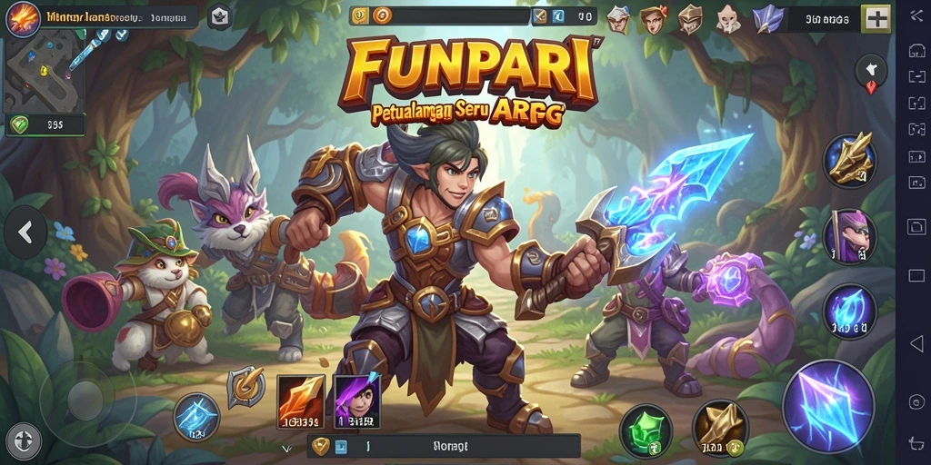Screenshot gameplay FUNPARI menampilkan pertempuran seru di dunia fantasi.