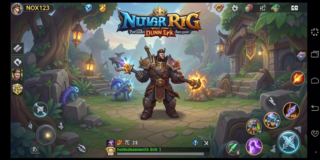 Tangkapan layar utama NOX123 yang menampilkan pertempuran seru di dunia RPG.