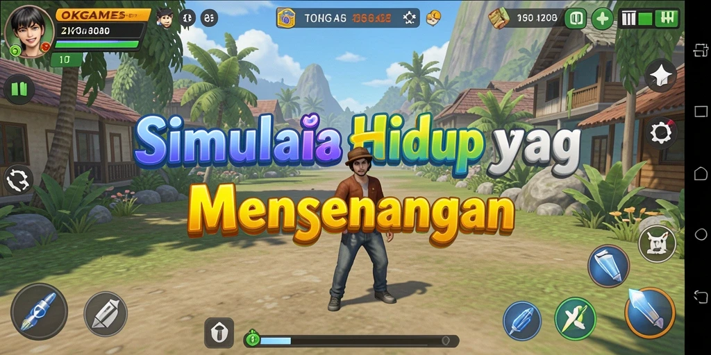 Screenshot gameplay <strong>OKGAMES</strong> menunjukkan karakter yang berinteraksi dalam dunia simulasi yang kaya.