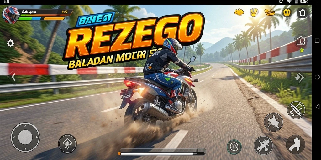 Screenshot gameplay <strong>REZEGO</strong> menunjukkan aksi balapan motor yang mendebarkan.