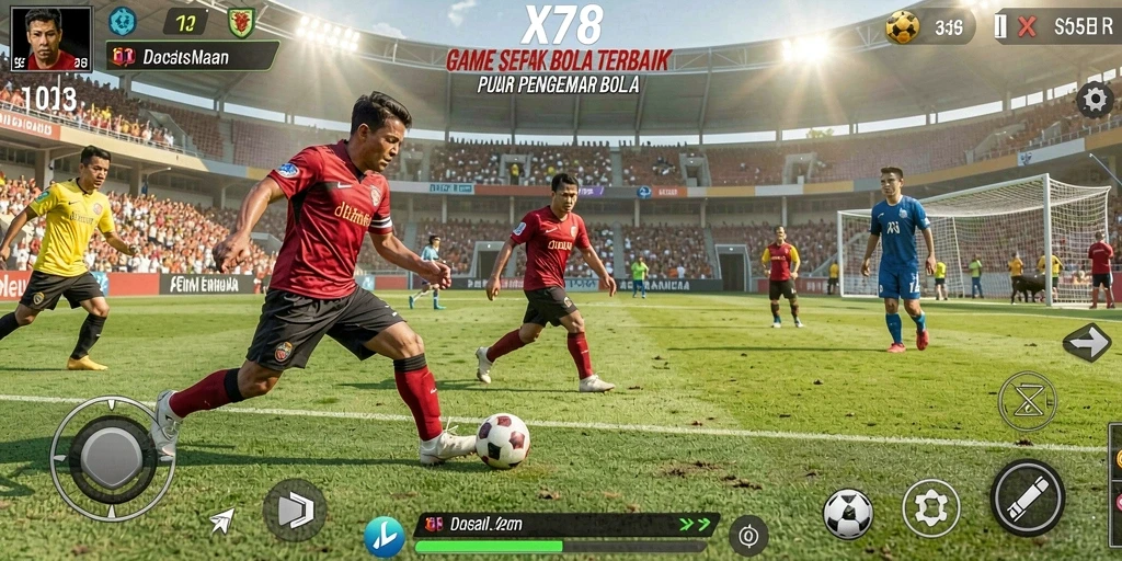 Tampilan utama gameplay X78 dengan aksi sepak bola yang mendebarkan.
